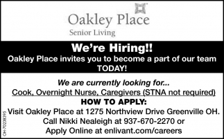 We're Hiring!, Oakley Place Senior Living