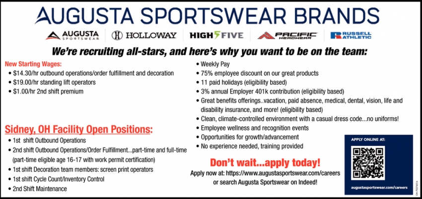 Hiring, Augusta Sportswear Brands - Sidney, Sidney, OH